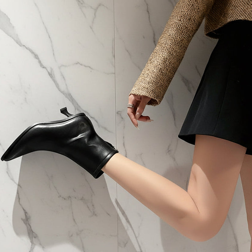 Chic Leather Women Ankle Boots Autumn Winter Office Lady Pointed Toe Thin High Heels  Short Booties Army Green