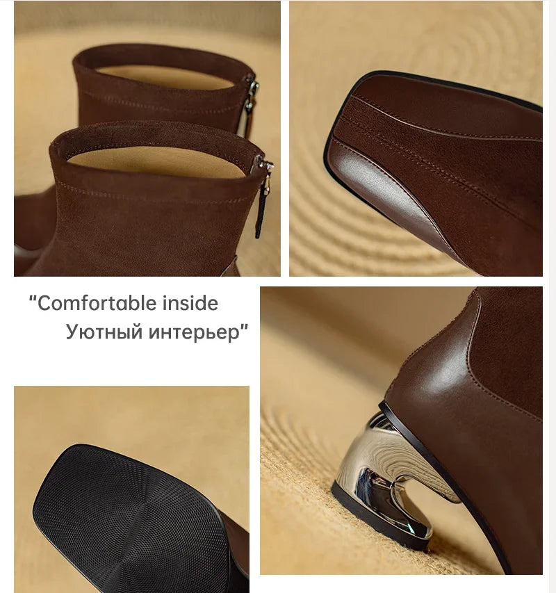 Modern Square Toe Chunky Woman Genuine Leather Ankle Boots Designer Suede Mid innovative Heels boots.