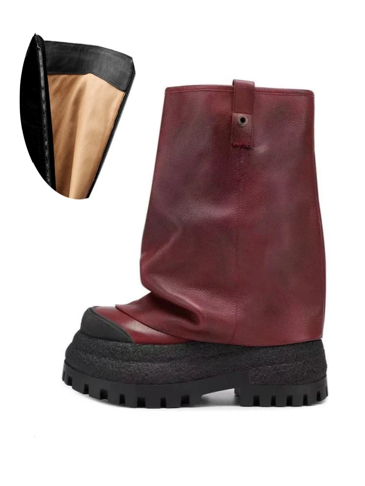 Women's Chunky Leather Flats & Knee Boots - Square Toe Loose Fit Spring-Autumn Casual Shoes with Pleated Pants