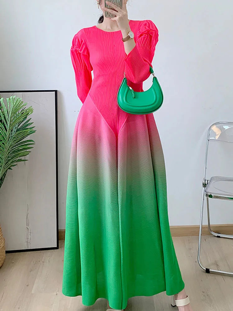 Miyake Pleated Fashion Dress O-Neck Long Sleeve Spliced Ruffles New 2023 Summer Evening Party Clothing Lady Middle East HotSales