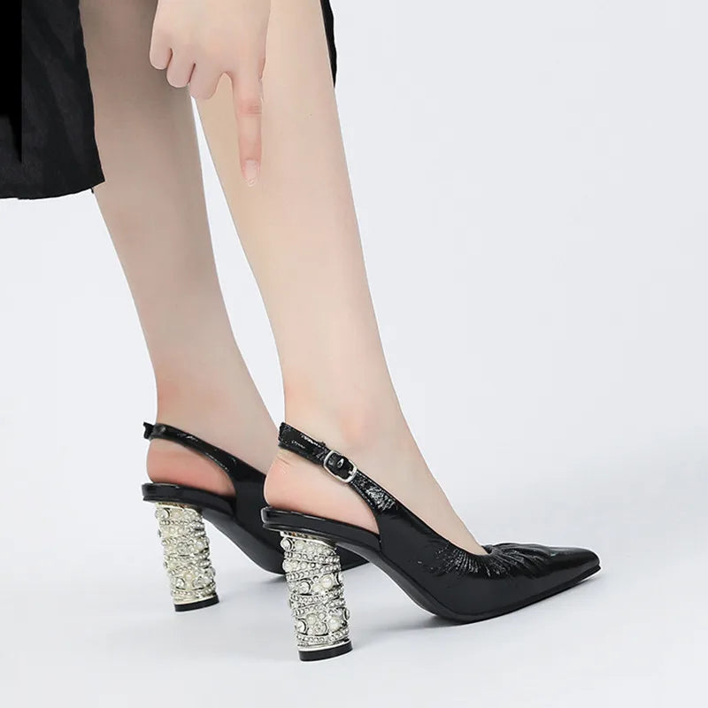 Luxury Pearls Rhinestones Genuine Leather Women Pumps Elegant Pointed toe Pleated Slingbacks High heels Female Party Dress Shoes