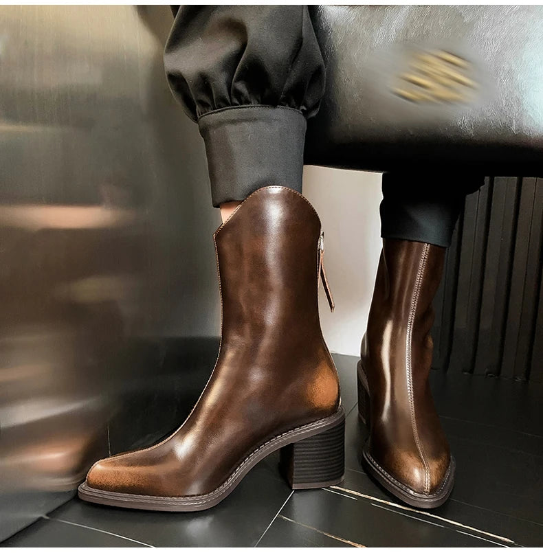 Ods New Women Genuine Leather Pointed Toe Knee High Boots Black White Brown Side Zipper Female Shoes Thick Heel Plus Size 42