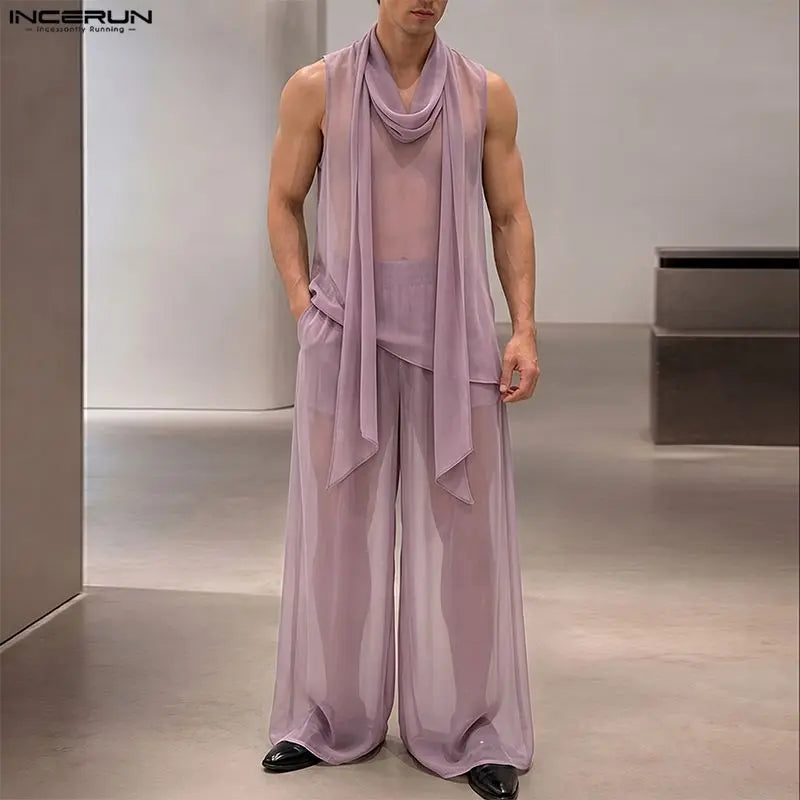 INCERUN Men's Sets Solid Chiffon See Through Sleeveless Irregular Tank Tops Pants Two Piece Sets Oversize 2026 Men Matching Sets