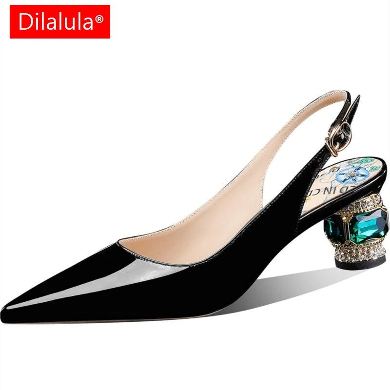 Dilalula 2025 Patent Cow Leather Crystal Heels Sandals Women Pointed Toe Office Ladies Party Dating Wedding Sandals Plus Size