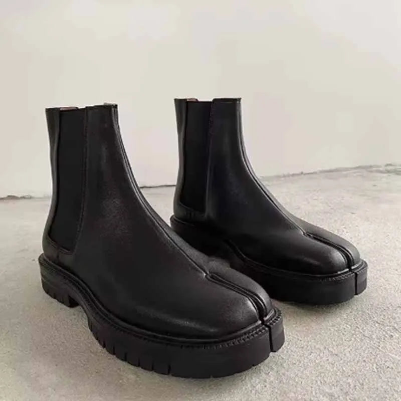 Genuine leather Split-toed Boots Mid-tube Chelsea Boots Men's and Women's Couples High-top Set of Split-toed Leather Shoes