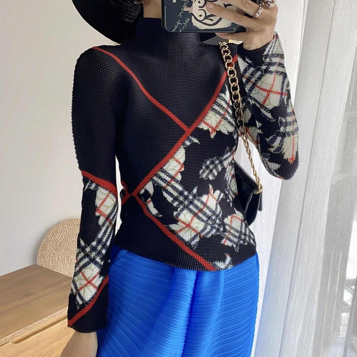 Miyake Pleated Contrasting Colors T-shirt Women Half Turtleneck Skinny Pullover 2025 Summer Fashion Female Clothing