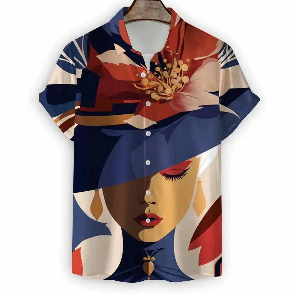 2024 New Beach Modern Girls Print Men's Shirt Casual Fashion Shirt Button Lapel Streetwear Oversized Men's Short Sleeve Shirt