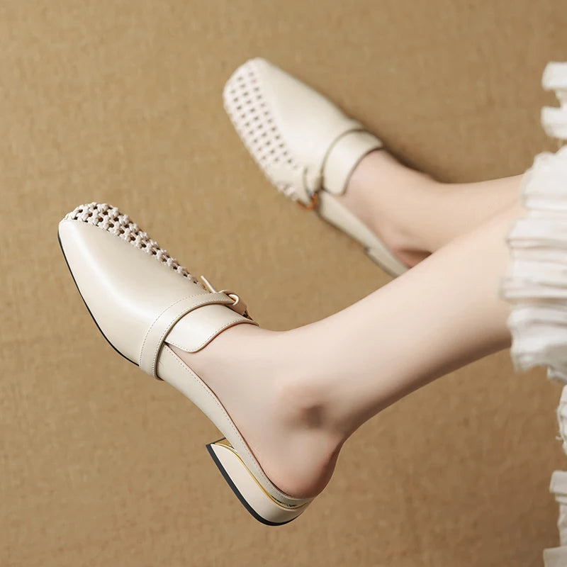 Dilalula 2025 Genuine Leather Hollow Women Mules Covered Toe Low Thick Heels Casual Slippers Ladies Summer Walk Belt Mesh Slides