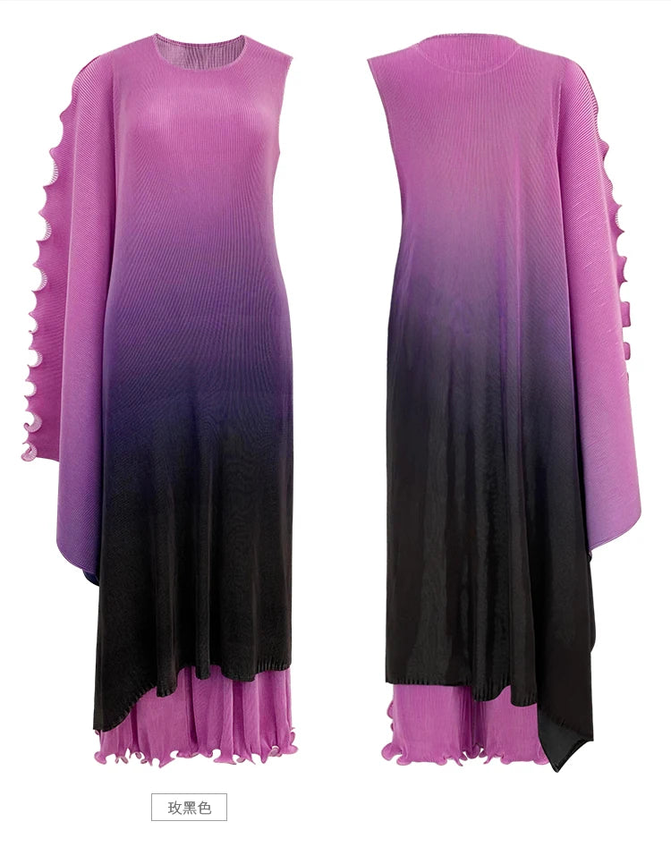 Miyake style  Pleated Bat Raglan Sleeve Irregular Dress Set Women 2025 New Fashion Original Designer Gradient Printing Two Piece Sets