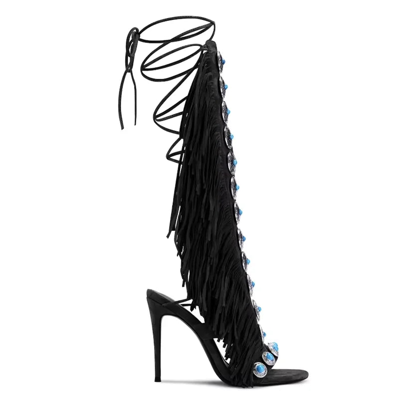 Summer Sandals cow suede leather tassel women sandal peep toe sexy lace up knee high shoes US size