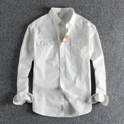 Autumn New American Retro Twill Woven Cargo Shirt Men's Fashion Pure Cotton Washed Old Long Sleeve Double Pocket Casual Blouses