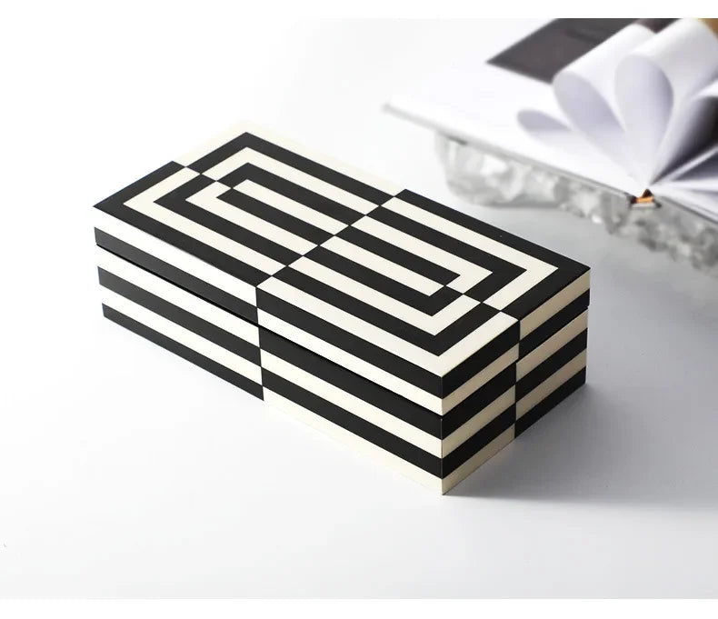 Elegant Glossy Piano Lacquer Home Decor Black White Stripes Jewelry Organizer Box Tray Display Stand Stylish Storage Decorative