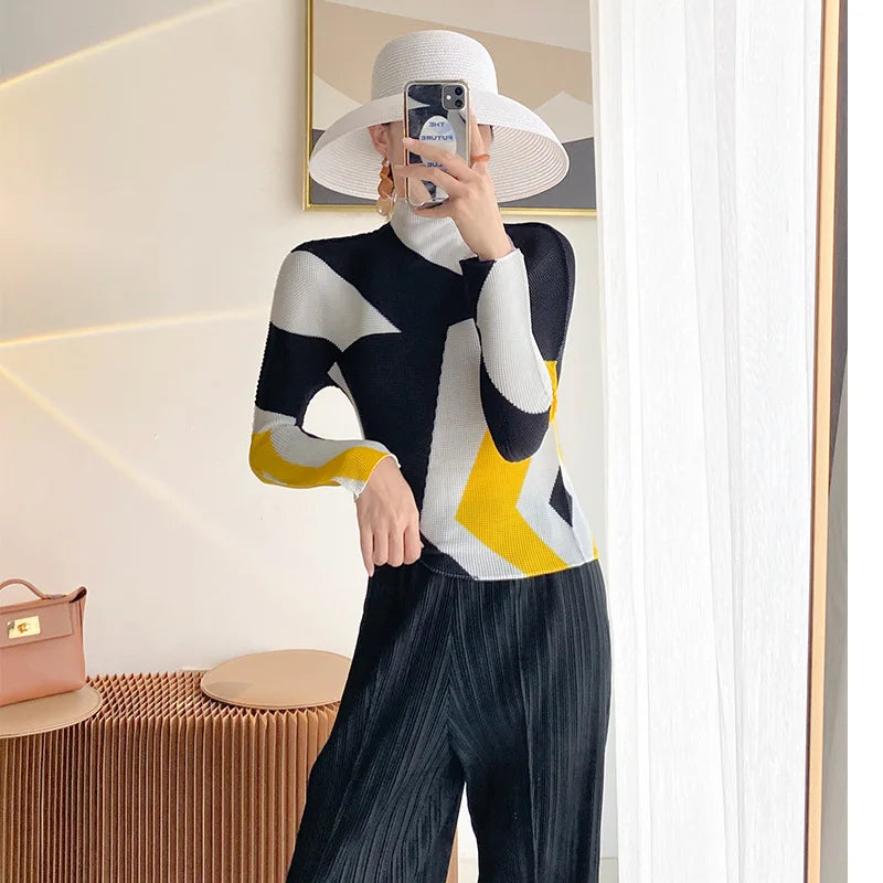 Miyake Pleated Contrasting Colors T-shirt Women Half Turtleneck Skinny Pullover 2025 Summer Fashion Female Clothing