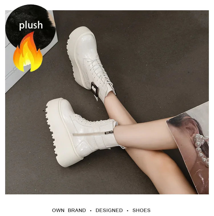 Fujin 8cm New Women Combat Boots Ankle Booties Platform Sneakers Spring Autumn Warm Fur Winter Genuine Leather Women Shoes Boot