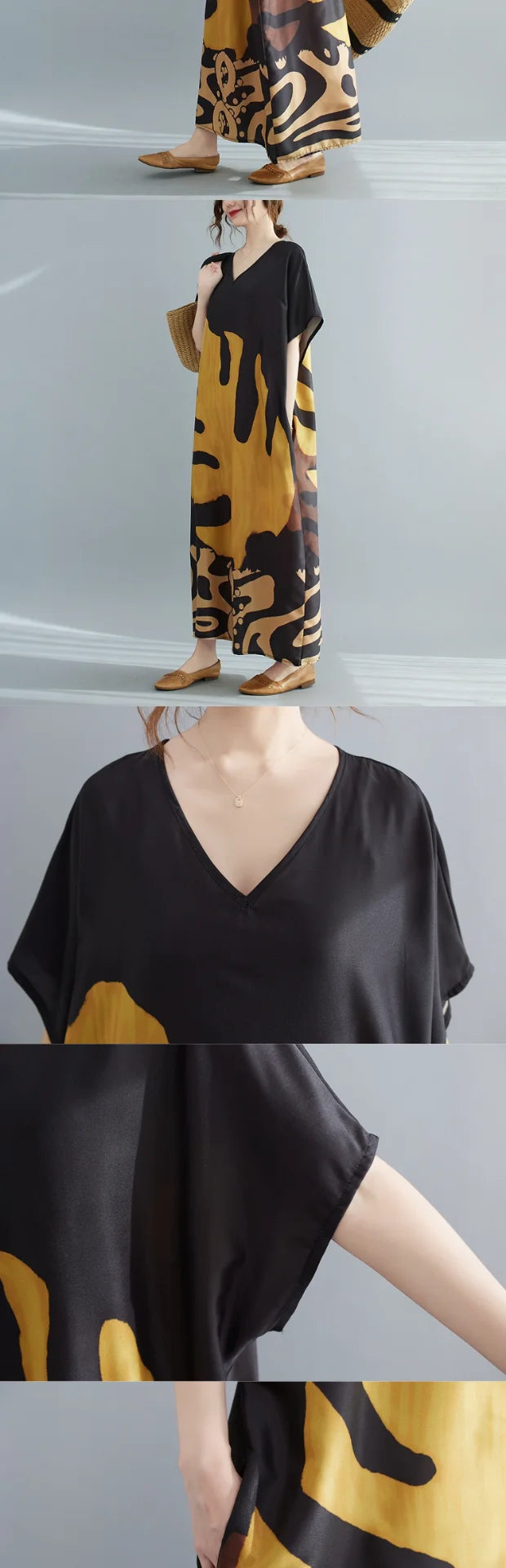 Faionable V-ne Printed Casual ort-sved Long Dr plus Size Women's New Sle  Ele Aosphere Korean Version