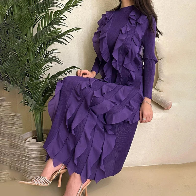 Miyake Pleated Fashion Dress O-Neck Long Sleeve Spliced Ruffles New 2023 Summer Evening Party Clothing Lady Middle East HotSales