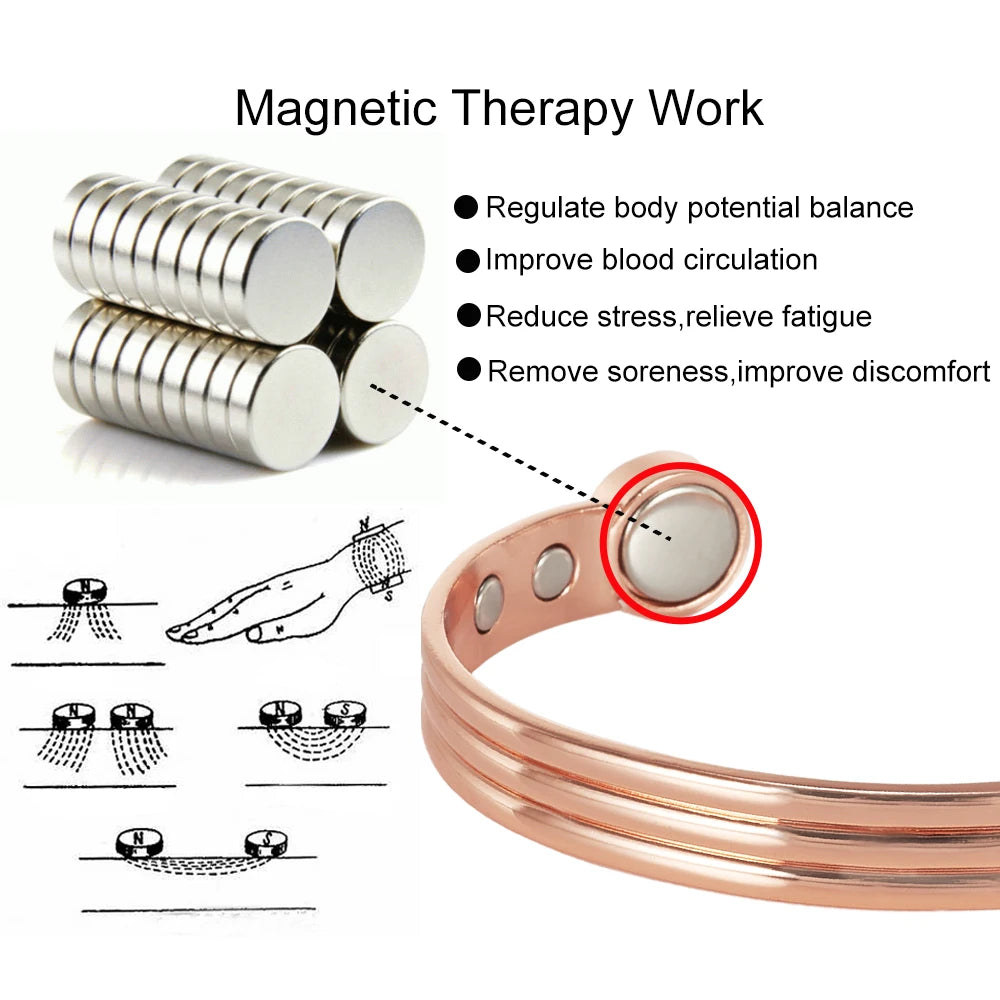 Pure Copper Bracelets for Men Women Adjustable Cuff Stripe Magnetic Bangles Arthritis Health High Magnet Metal Jewelry Resizable