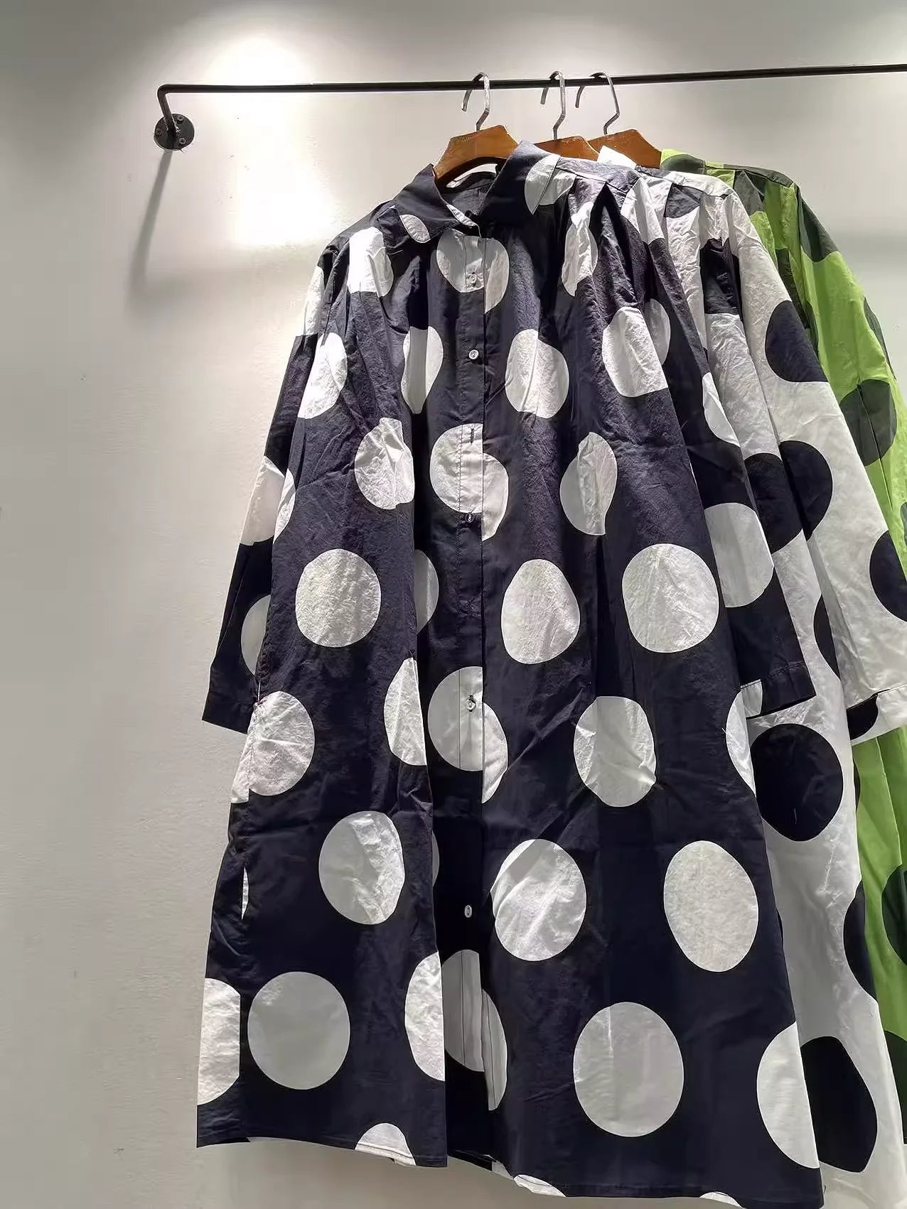 Bust 118cm Middle Aged Women Fall Clothes Japan Style Green Polka Dot Print Pure Cotton Shirt Dress for Women Autumn Loose Dress