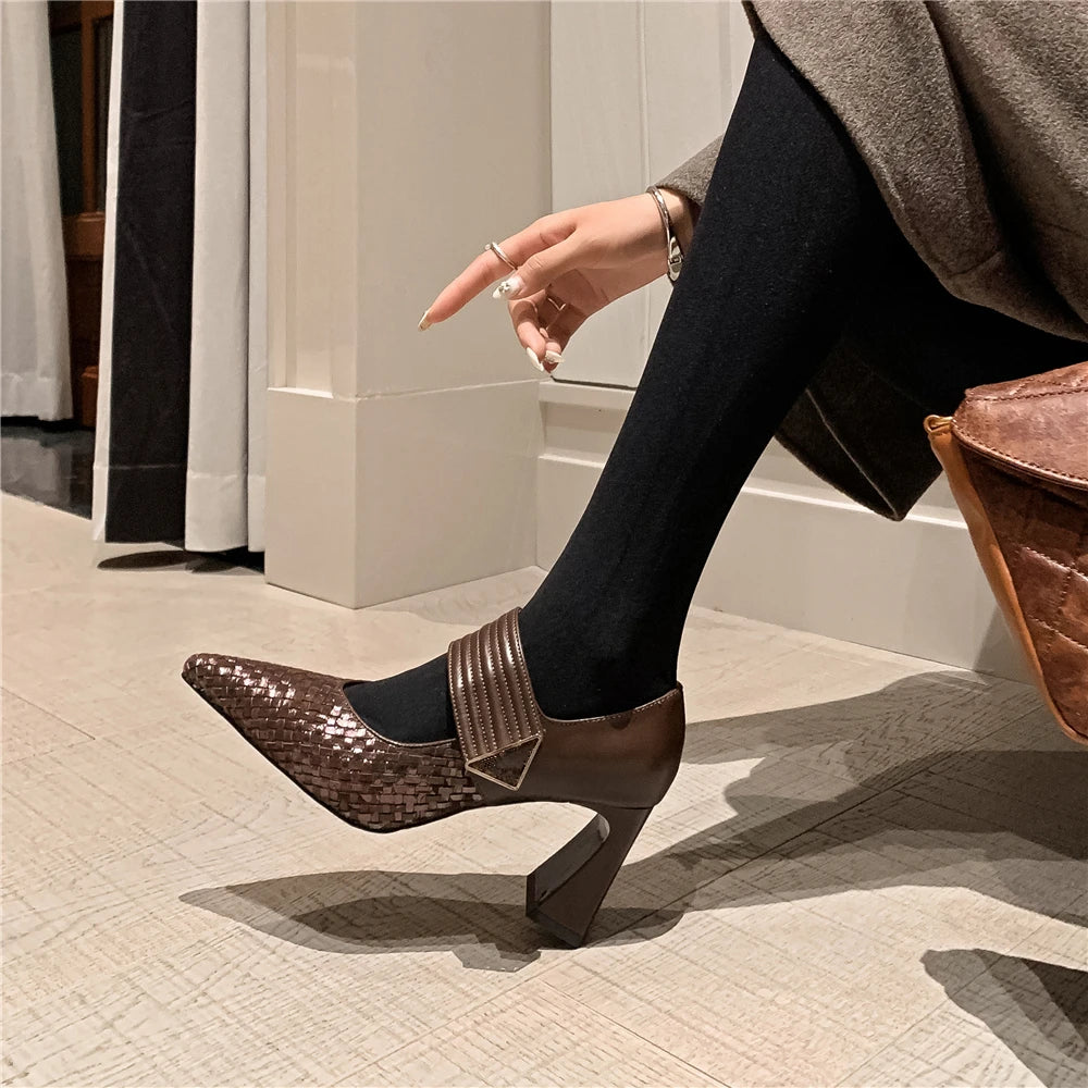 Aucegi Classic Chunky Hight Heels Woman Genuine Leather Woven Cow Suede Pumps Pointed Toe Elegant  Magic Paste Party Shoes