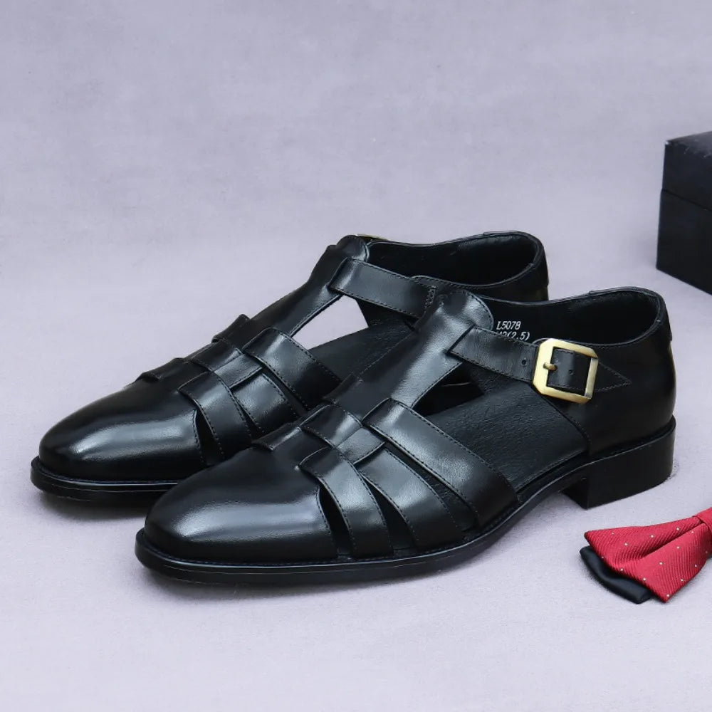 Premium Leather Sandals For Men Top Grain Cowhide Summer Slippers Breathable Lightweight Driving Shoes