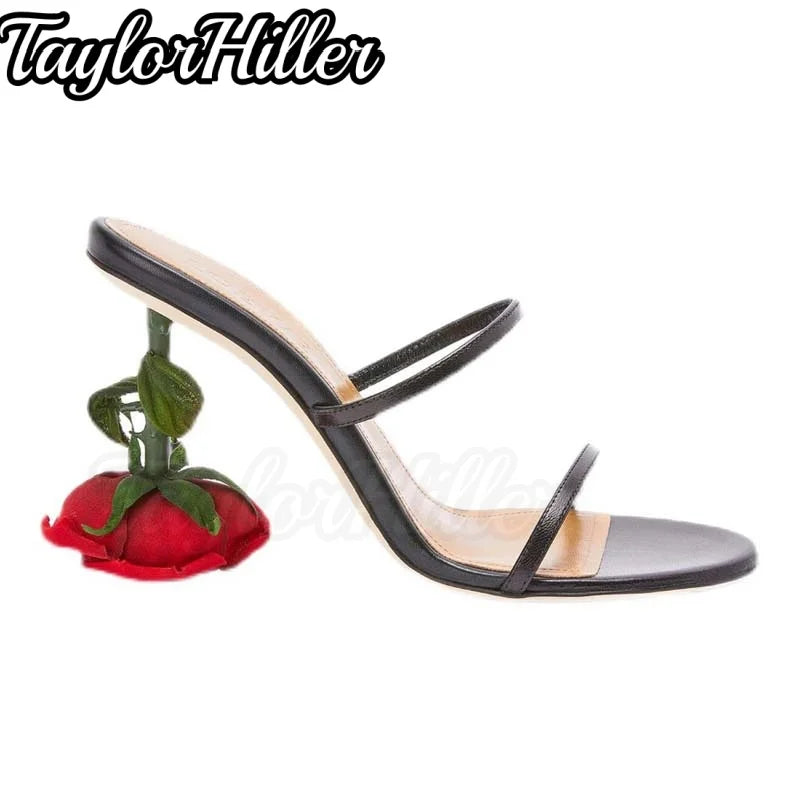 Vintage Strange Style Heeled Sandals Double Strappy Luxury Rose Design Summer Mule High Heels Pull On Slip On Black White Shoes