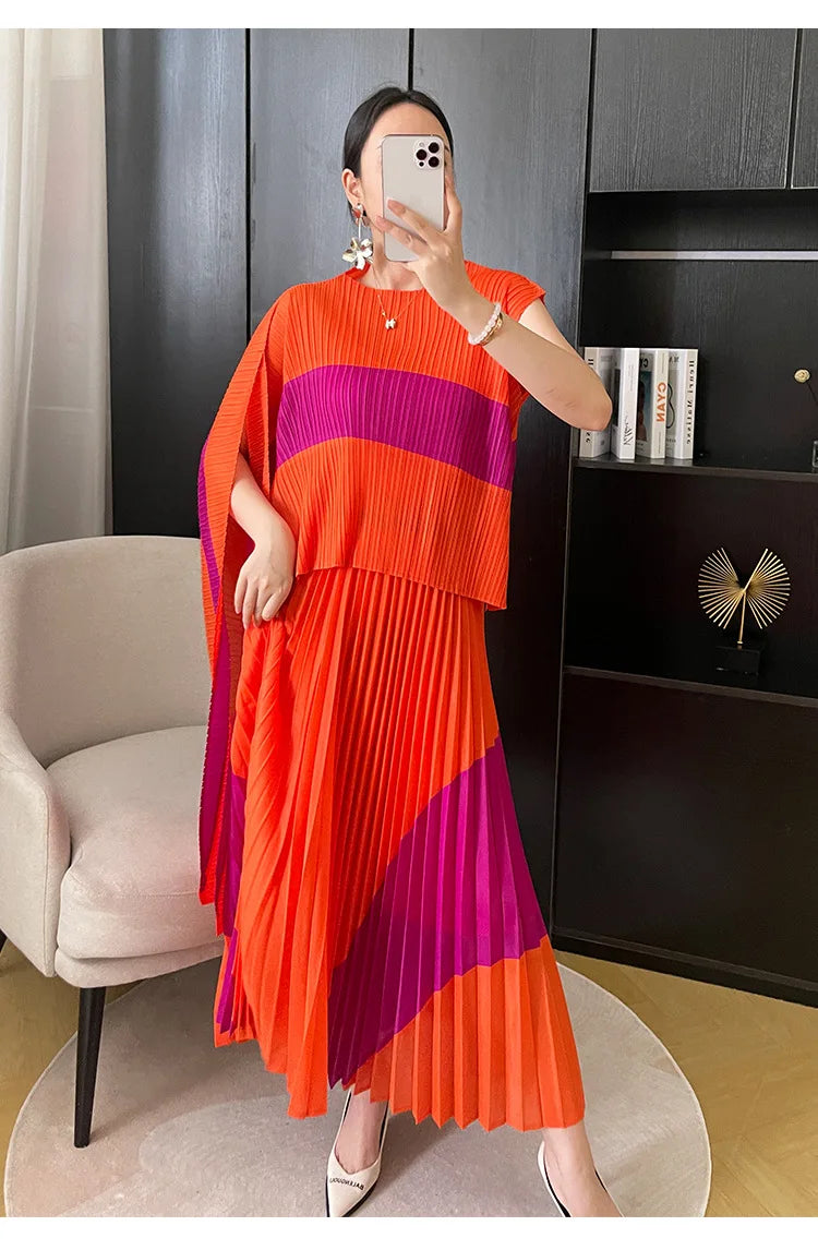 Miyake Pleated Two Piece Skirt Sets Women Sleeveless Irregular T-shirt Long Contrasting Color Skirt