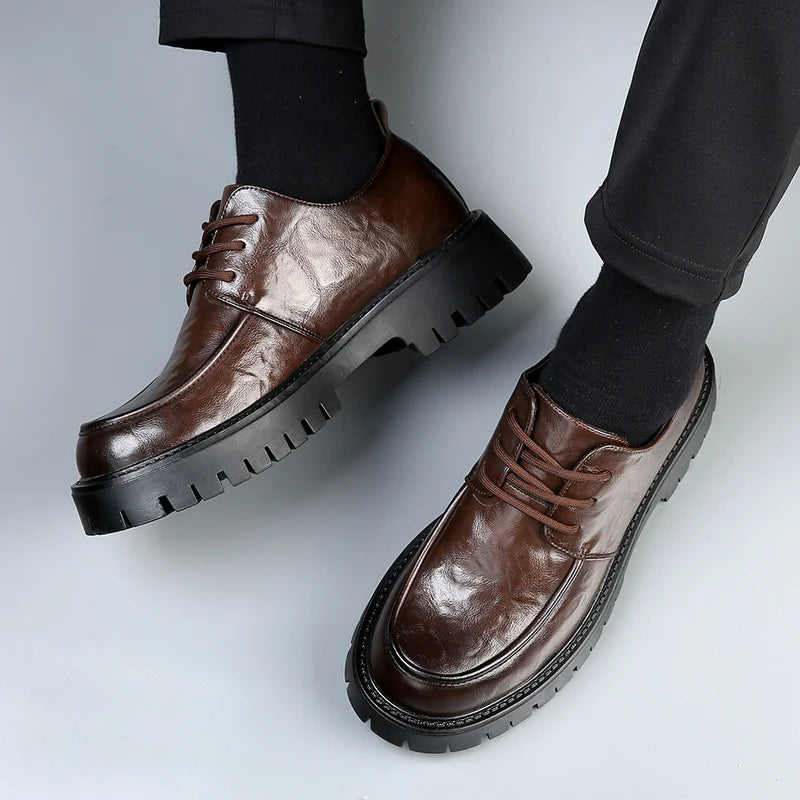 Men's Fashion Genuine Leather British Style Thick Bottom Work Shoes Classic Lace Up Comfortable Anti Slip Big Head Leather Shoes