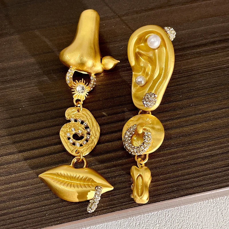 NISHIZAWA Asymmetrical Earrings for Women Human Face Gold Color Hyperbole Pendientes Mujer Medieval Fashion Retro Jewelry