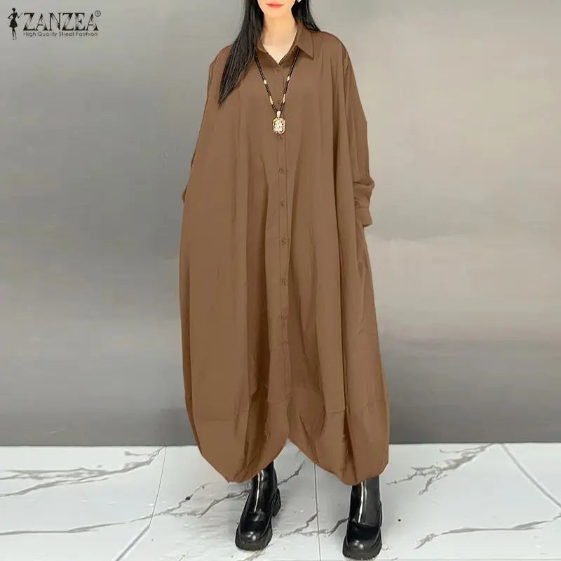 ZANZEA Women's Oversized Jumpsuits Turn-Down Collar Long Sleeves Button Up Drop-Crotch Pant Overalls Casual Streetwear Playsuits