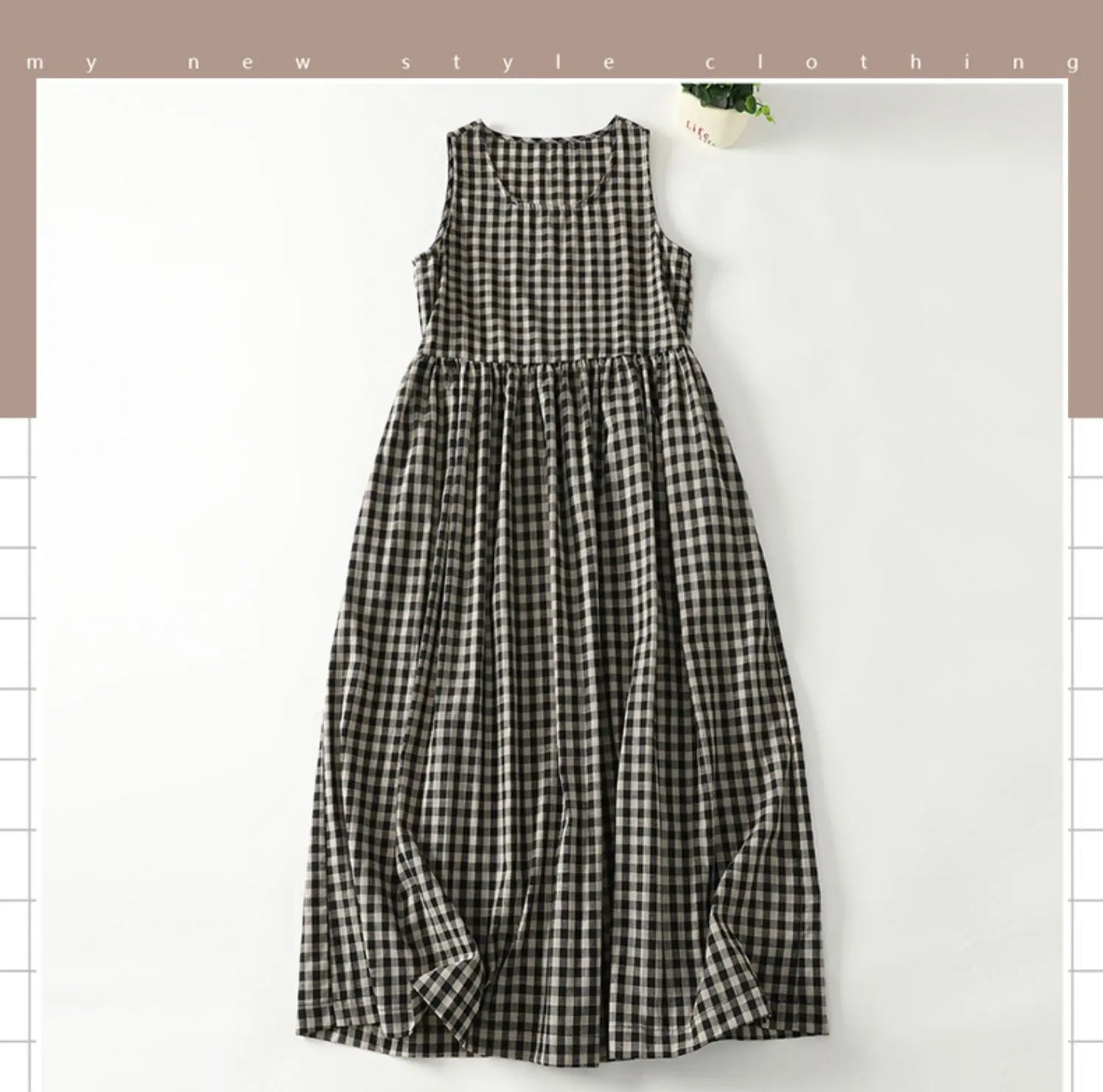 Retro Japanese Sle Linen Plaid Vest Dr Women Summer Loose Cotton Linen Svel Midi Dr A-Line Skirt round Ne