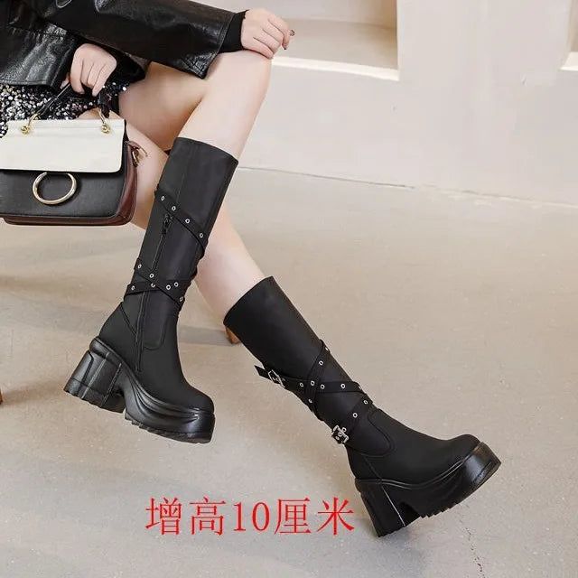 Fujin 10cm Microfiber Women Boots British Boots ZIP Synthetic Leather Ankle Spring Platform Wedge Knee High Fashion Autumn Shoes