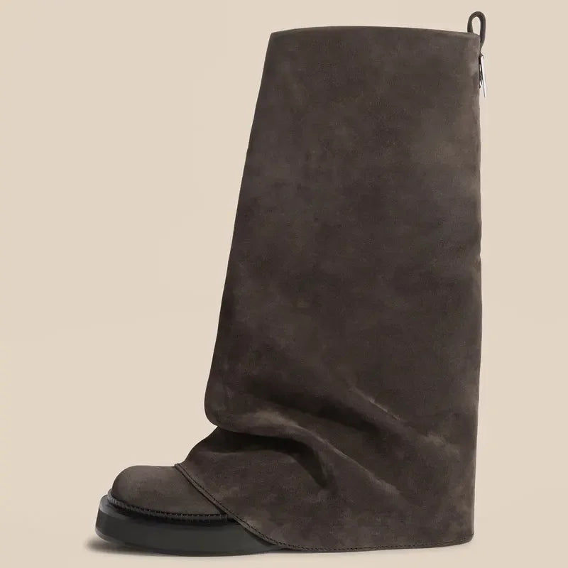 Women's Chunky Leather Flats & Knee Boots - Square Toe Loose Fit Spring-Autumn Casual Shoes with Pleated Pants