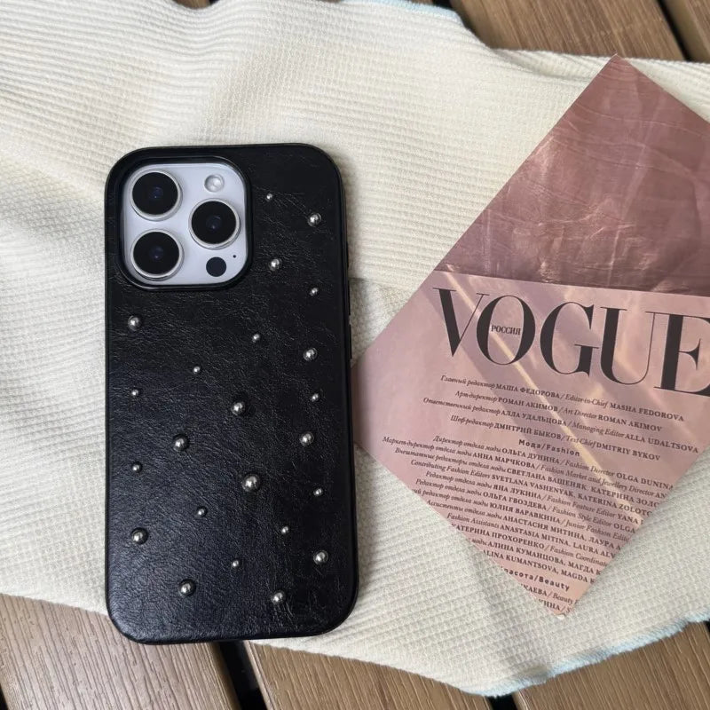 Chic iPhone case 17 16 15 14 Pro Max 17Air Case Fashion Advanced Black Leather Stereoscopic Small Round Bead Rivet Phone Cover