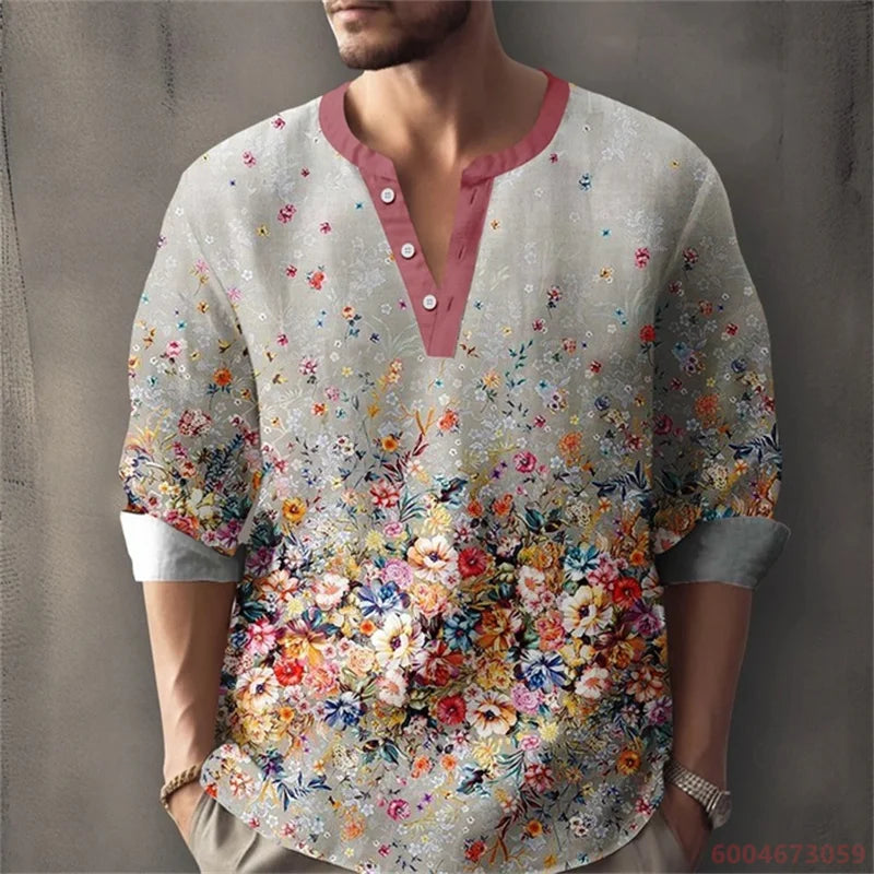 Men's Long-Sleeved Shirt with Retro Print, Stylish Design, Outdoor Casual Henley Collar, Loose Fit, Men's Vacation Top, XS-6XL.