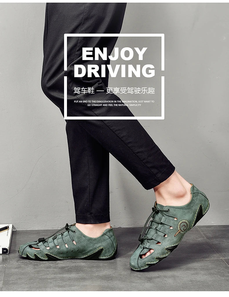 Men's slippers flat bottomed beach breathable genuine leather business casual non slip lightweight hollow out outdoors sandals