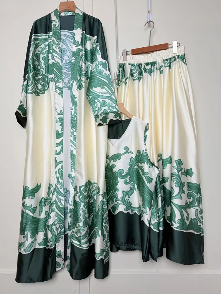 Retro positioning printed long cardigan+vest three piece set 2026 spring women's clothing+loose pants skirt fashion set