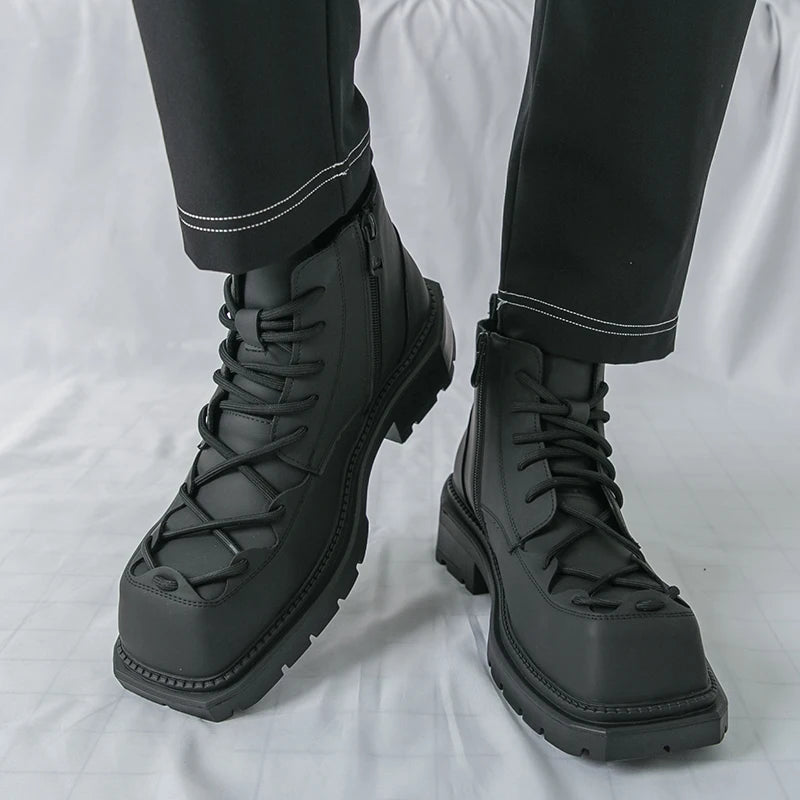 Autumn New Men Comfortable Lace Up Side Zipper High Top Leather Shoes Fashion Brand Round Toe Thick Soled Non Slip Outdoor Boots