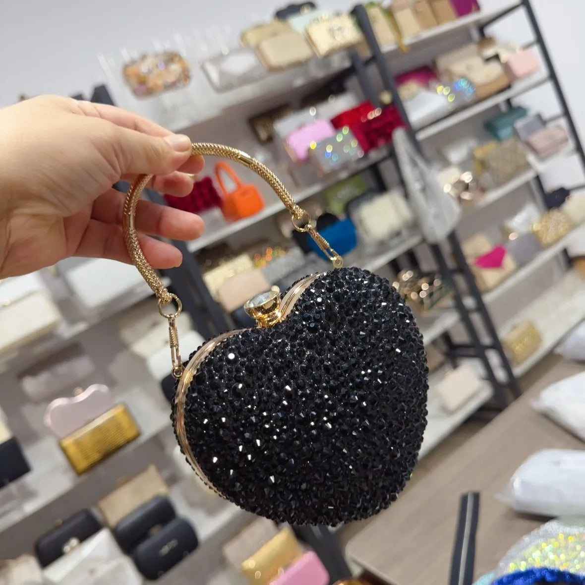 Luxury Diamond Inlay Heart Shape Crystal Clutch Purse Stones Evening Wedding Party Shoulder Bags Handle Rhinestone Mini Handbags