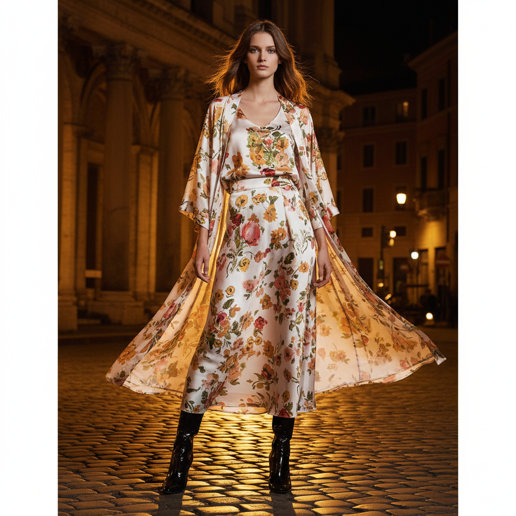 Retro positioning printed long cardigan+vest three piece set 2026 spring women's clothing+loose pants skirt fashion set