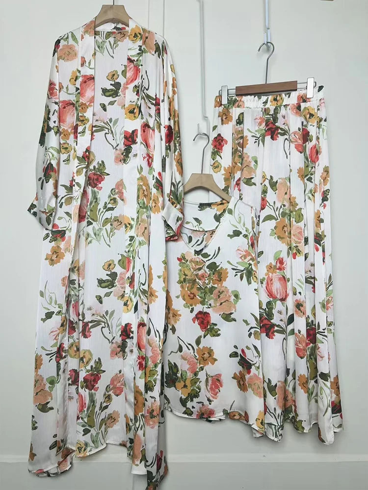 Retro positioning printed long cardigan+vest three piece set 2026 spring women's clothing+loose pants skirt fashion set