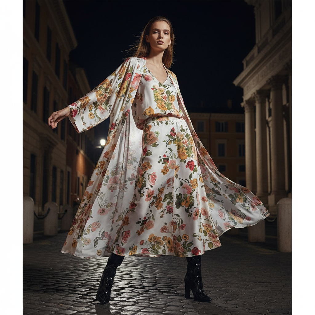 Retro positioning printed long cardigan+vest three piece set 2026 spring women's clothing+loose pants skirt fashion set