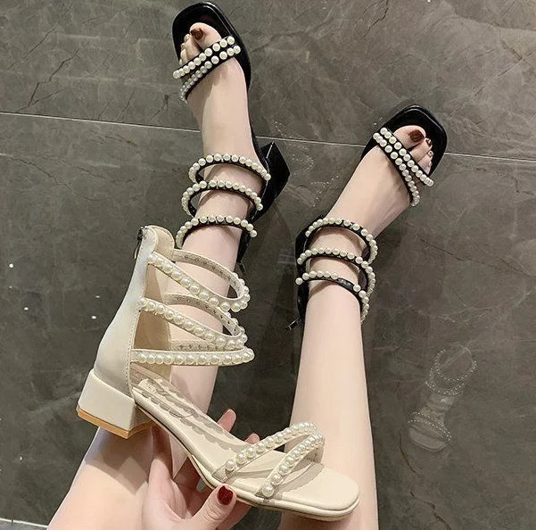 Pearl with Medium Heels Summer 2025 Women's Shoes Sandals for Woman Square Footwear Black Comfort Anti Slip Hot Vip The Best H F