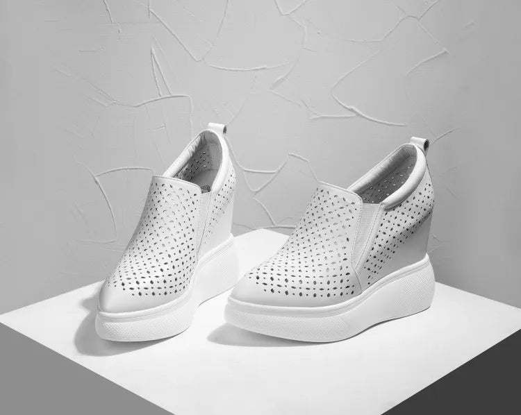 High Heels Hollow Out Shoes Casual Black White Women Sneakers Leisure Platform Shoes Slip-On Breathable Height Increasing Shoes
