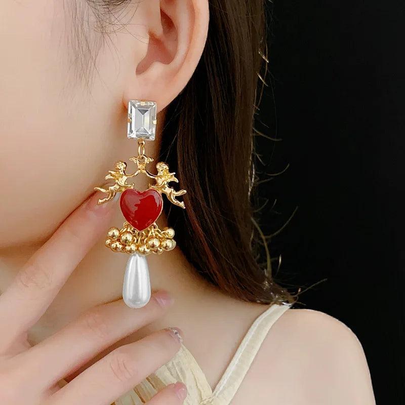 Vintage Silver Needle Drop Oil Love Earrings for Women Vintage Light Luxury Beads Tassel Drop Earring Luxury Designer Jewelry