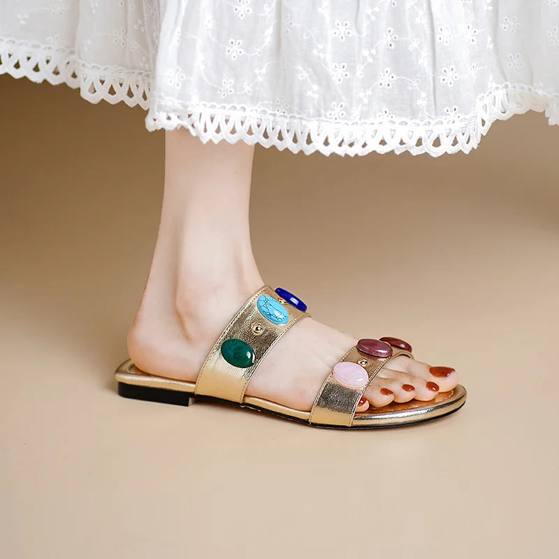 Dilalula Genuine Leather Bohemia Style Casual Slippers Women Peep Toe Low Heel Colorful Stone Decoration Slides Female Beach