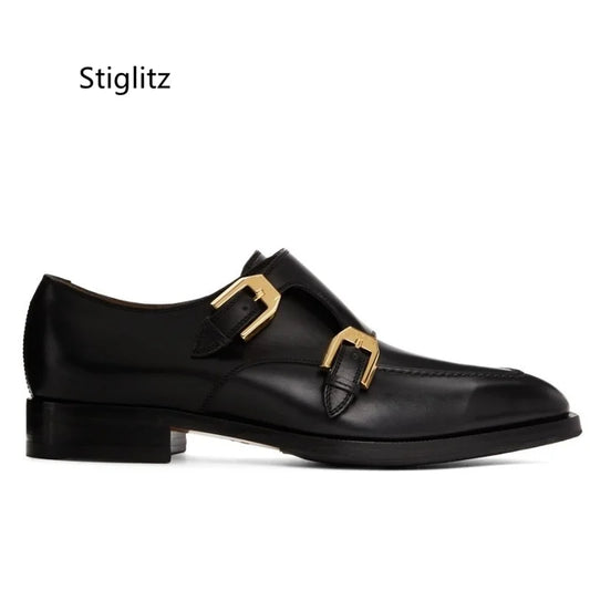 Black Genuine Leather Shoes for Men Metal Buckle Slip On Men Formal Dress Shoes Office Work Casual Business Shoes Loafers Male