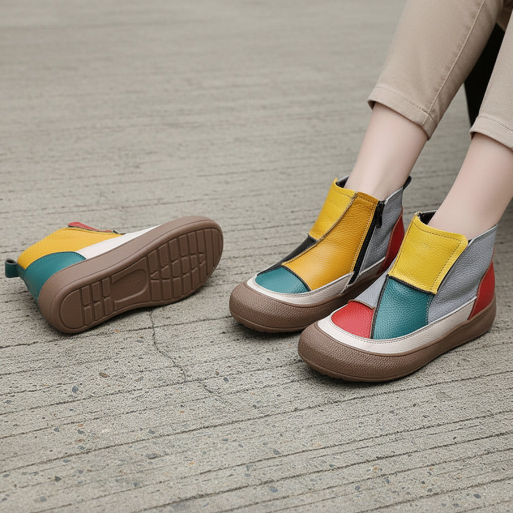 New Autumn Winter Genuine Leather Women's Shoes Zip Women Ankle Boots Handmade Color Blocked Flat Short Boots