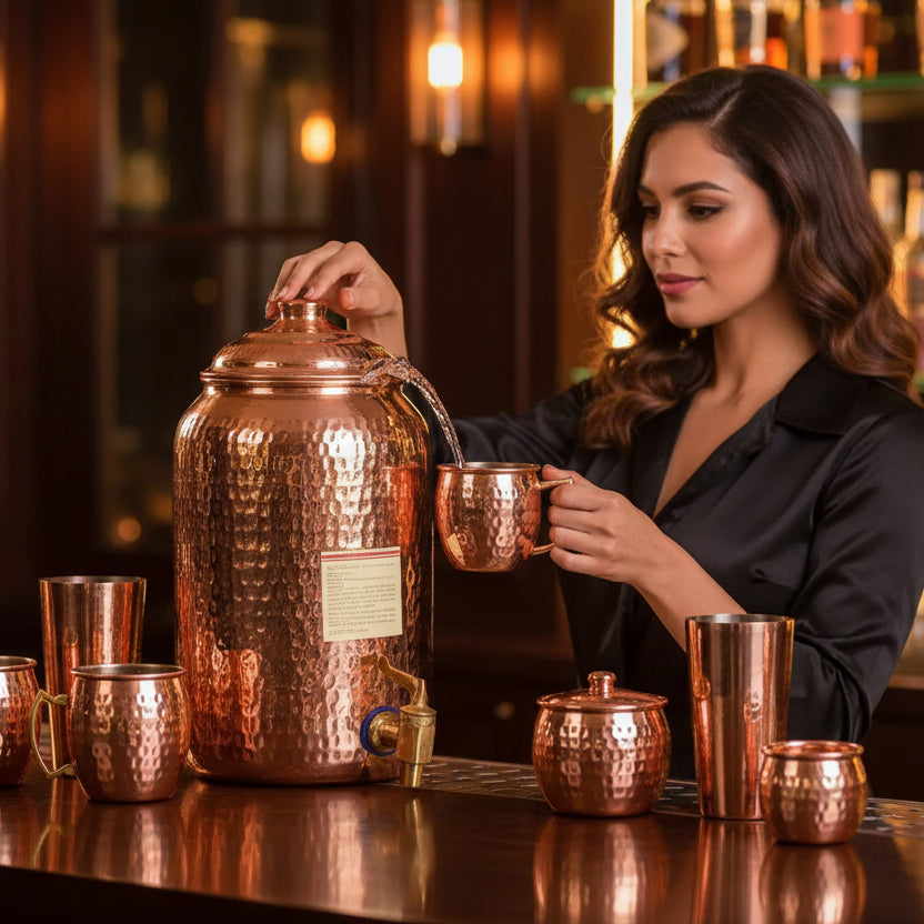 Ayurvedic Pure copper water dispenser container pot with 2 glass rollers - 6.5 liters (brown) - set of 3 pieces