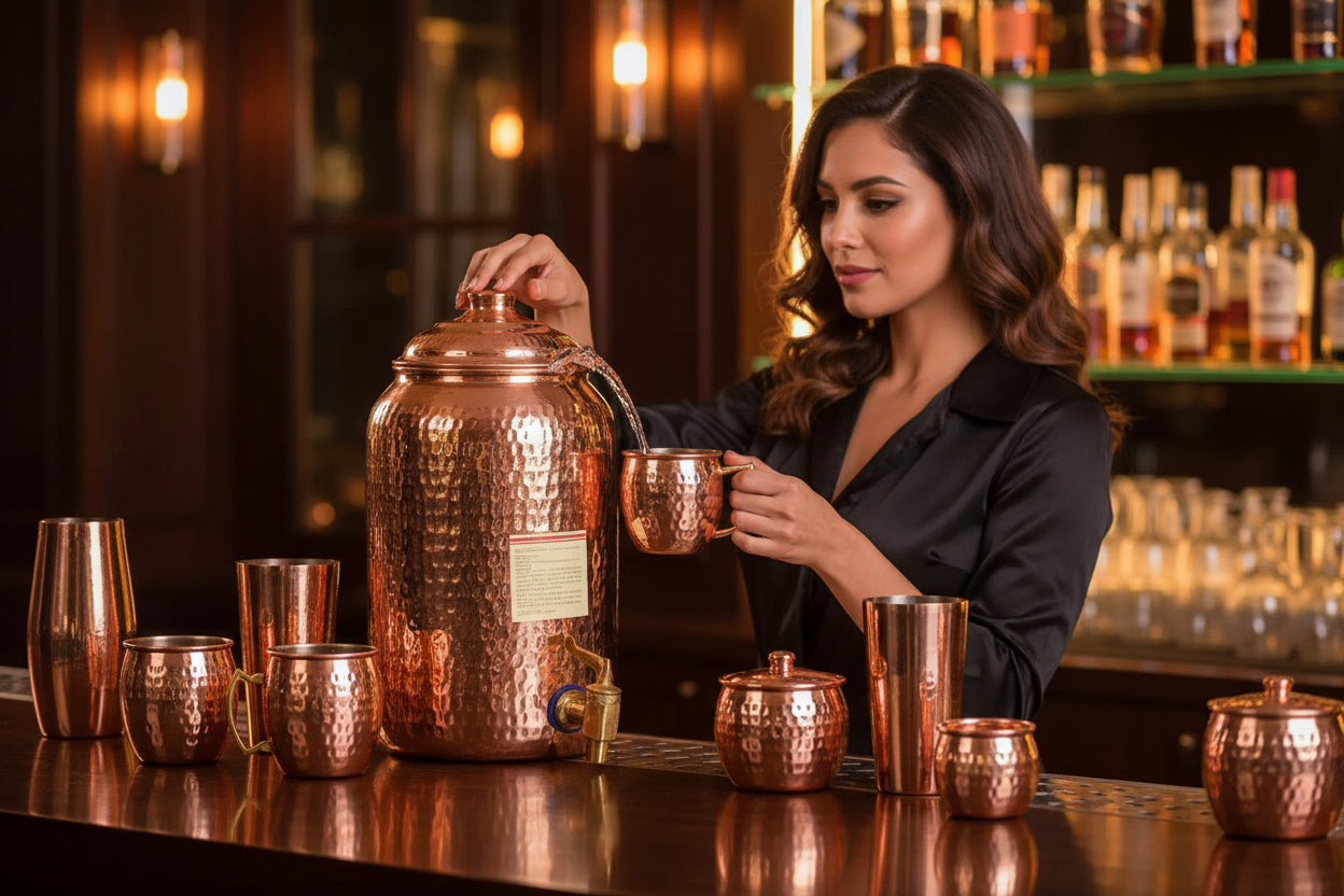 Ayurvedic Pure copper water dispenser container pot with 2 glass rollers - 6.5 liters (brown) - set of 3 pieces