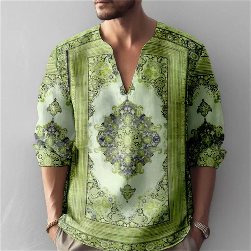 Men's Long-Sleeved Shirt with Retro Print, Stylish Design, Outdoor Casual Henley Collar, Loose Fit, Men's Vacation Top, XS-6XL.